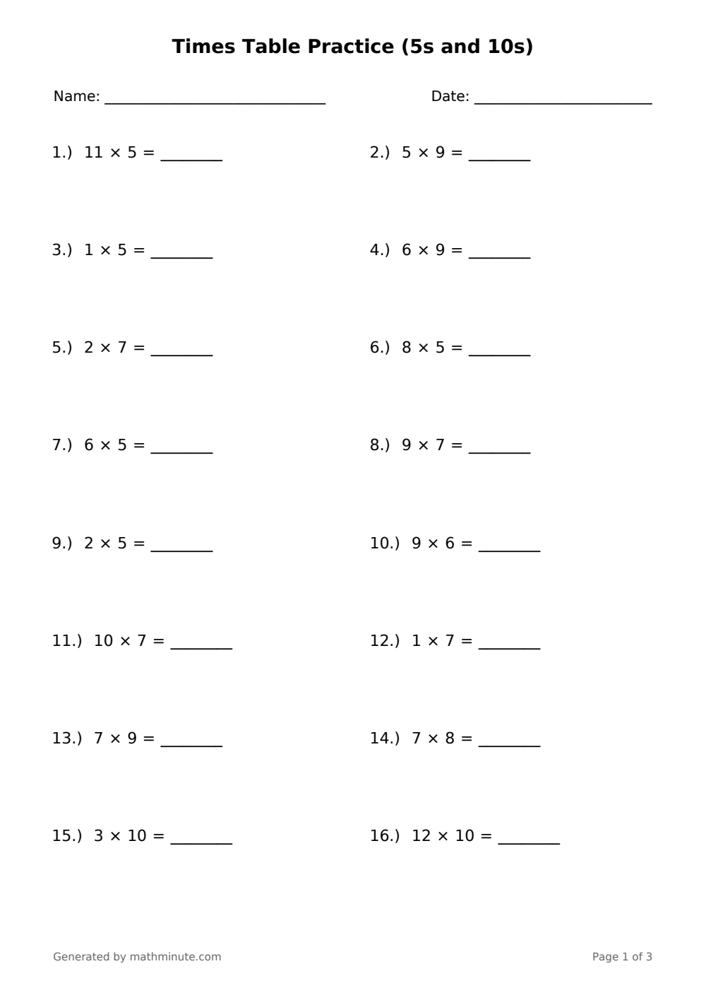 Free printable Times Table Practice (5s and 10s) math worksheet — page 1 preview.