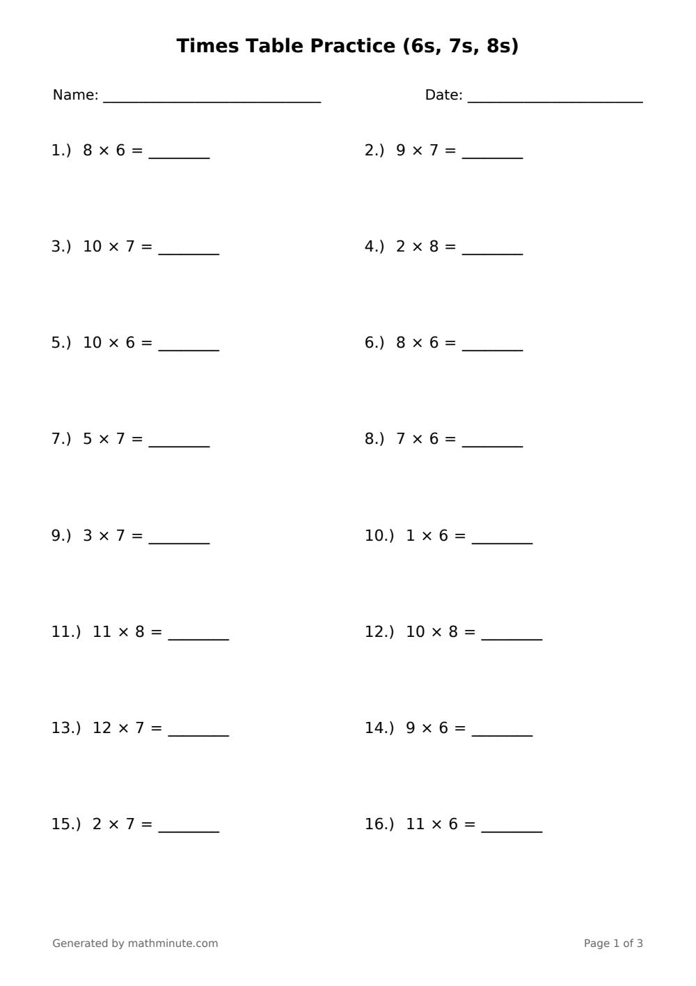 Free printable Times Table Practice (6s, 7s, 8s) math worksheet — page 1 preview.