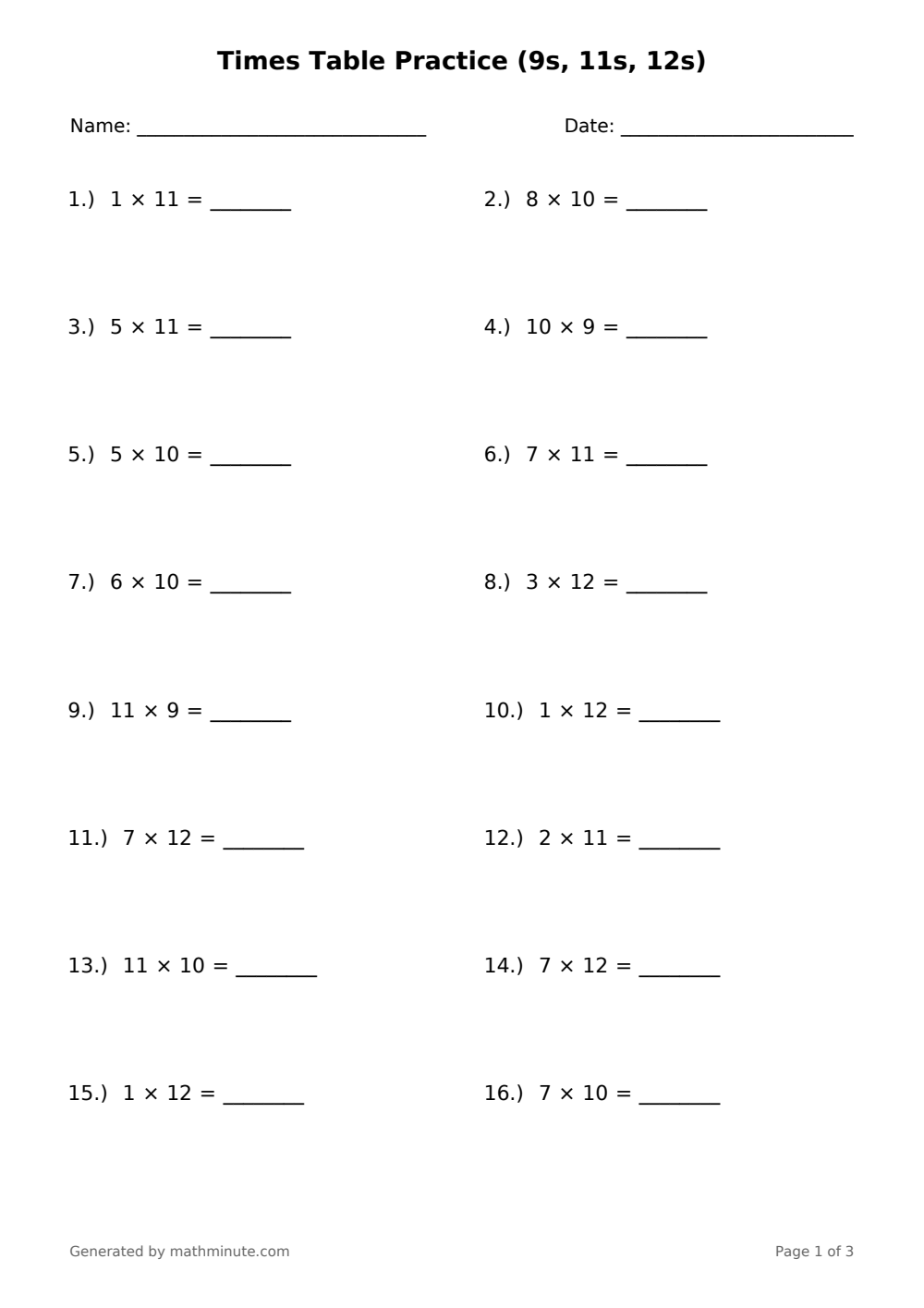 Free printable Times Table Practice (9s, 11s, 12s) math worksheet — page 1 preview.