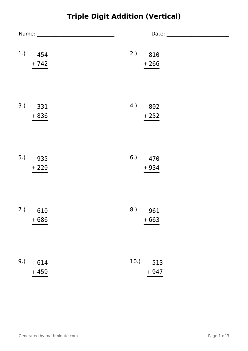 Free printable Triple Digit Addition (Vertical) math worksheet — page 1 preview.