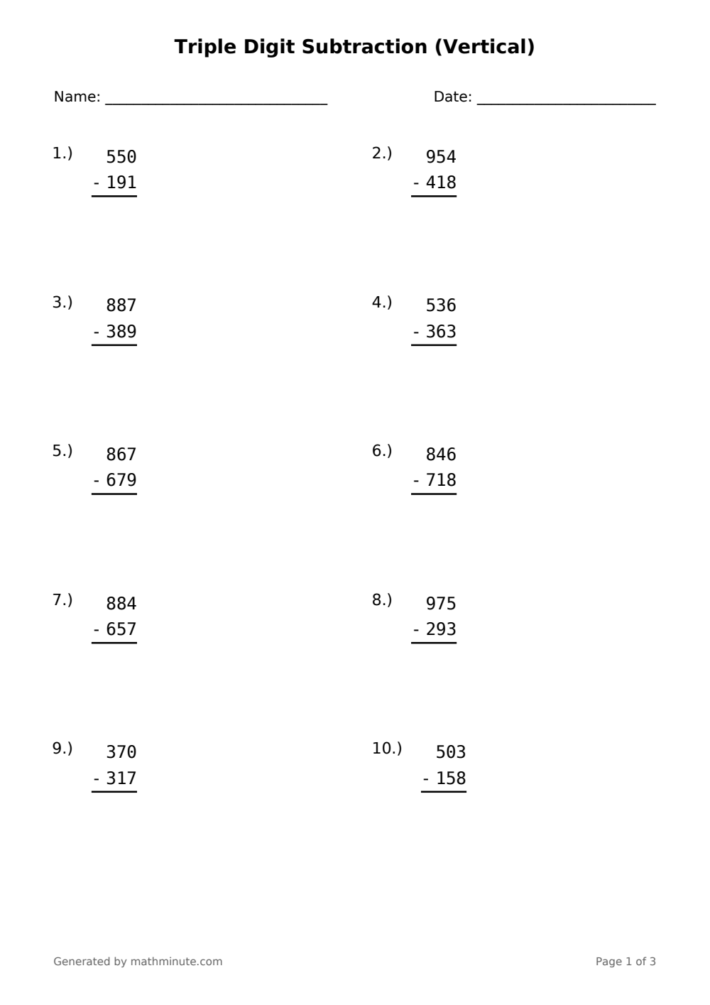 Free printable Triple Digit Subtraction (Vertical) math worksheet — page 1 preview.
