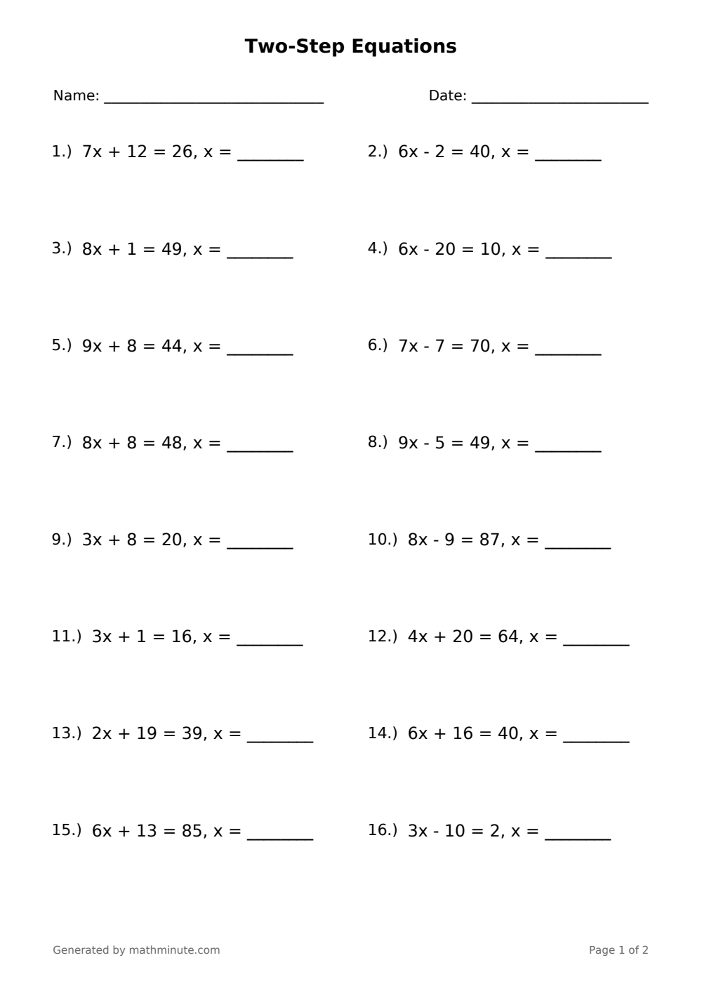 Free printable Two-Step Equations math worksheet — page 1 preview.