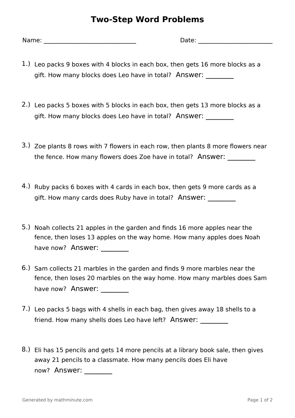 Free printable Two-Step Word Problems math worksheet — page 1 preview.