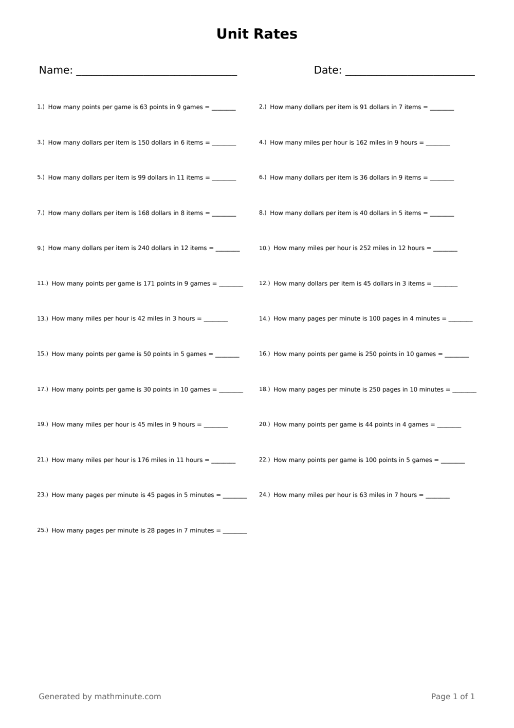 Free printable Unit Rates math worksheet — page 1 preview.